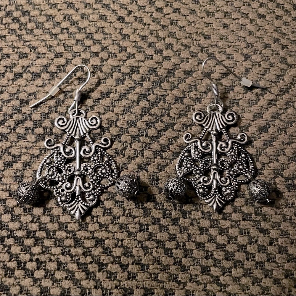 Moroccan Style Drop Earrings, Silver tone, 1.5”